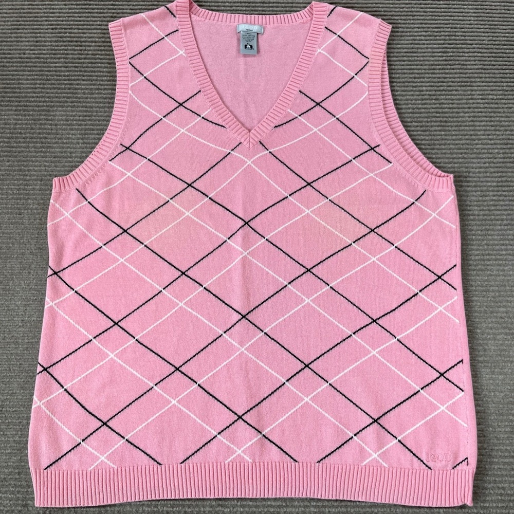 IZOD Golf Women Pink Argyle V-Neck Cotton Sweater Vest XL Sleeveless Knit Top